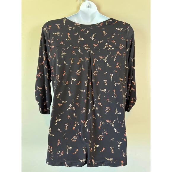 NWT Beacon Black Floral Top Blouse Sz 2X Roll Tab Sleeve Boho Casual Career - Picture 4 of 11